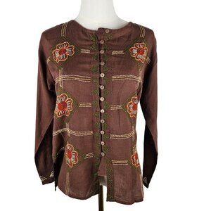 Vintage Bohemian Top Size Small Brown Embroidered Button-Up Brown Artsy Hippie